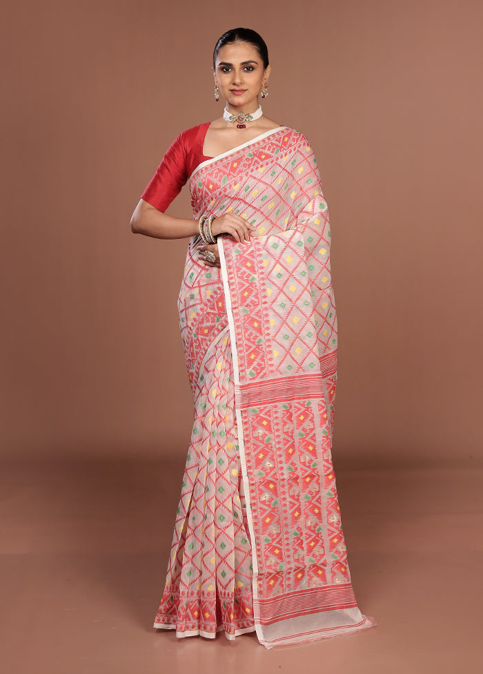 White Jamdani Cotton Saree Without Blouse Piece