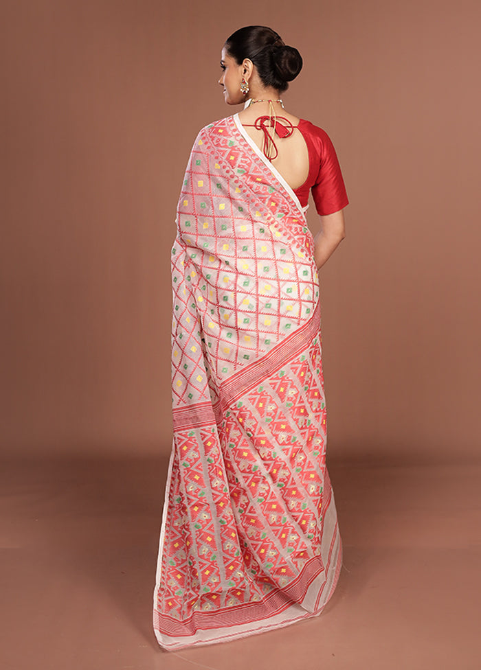 White Jamdani Cotton Saree Without Blouse Piece