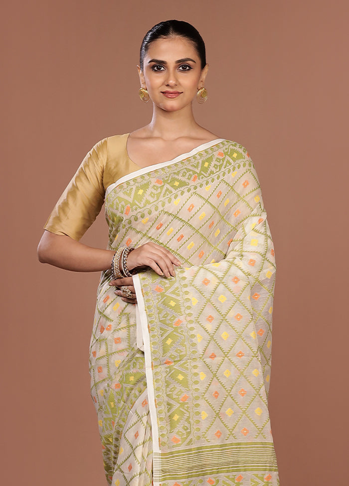 White Jamdani Cotton Saree Without Blouse Piece