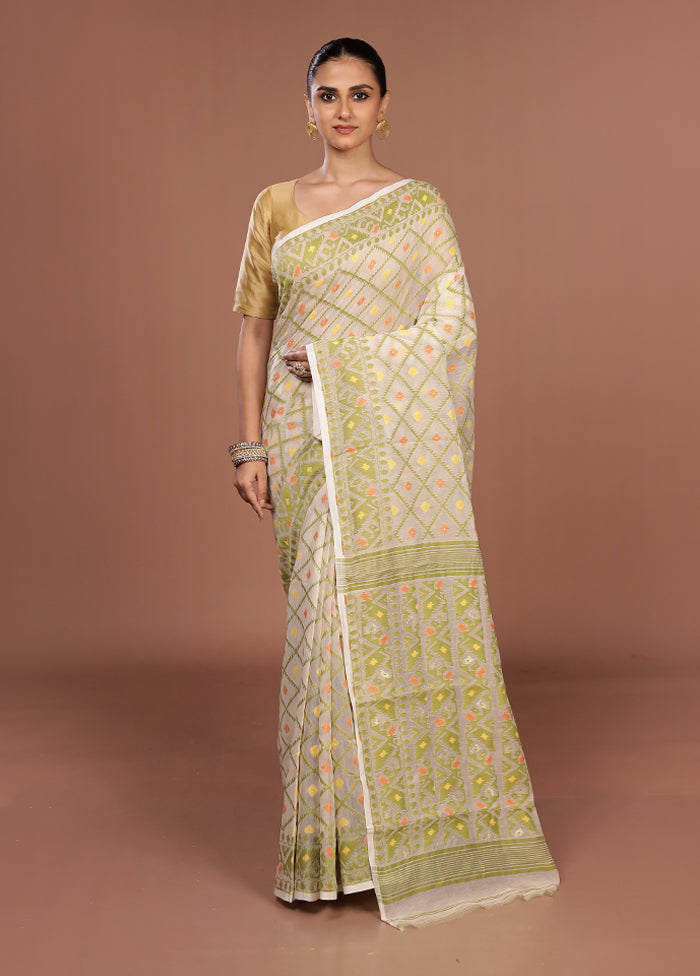 White Jamdani Cotton Saree Without Blouse Piece