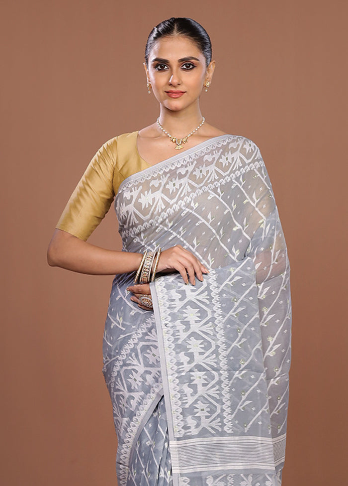 Grey Jamdani Cotton Saree Without Blouse Piece