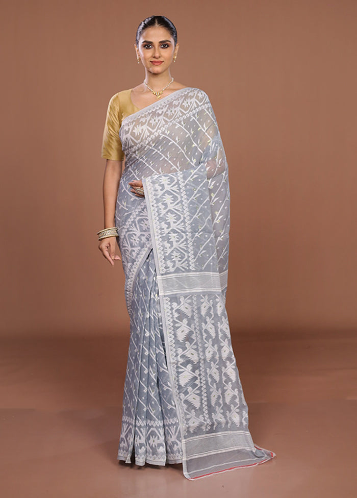 Grey Jamdani Cotton Saree Without Blouse Piece