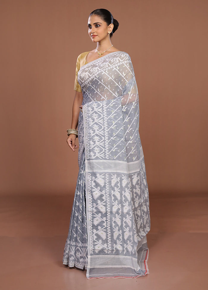 Grey Jamdani Cotton Saree Without Blouse Piece