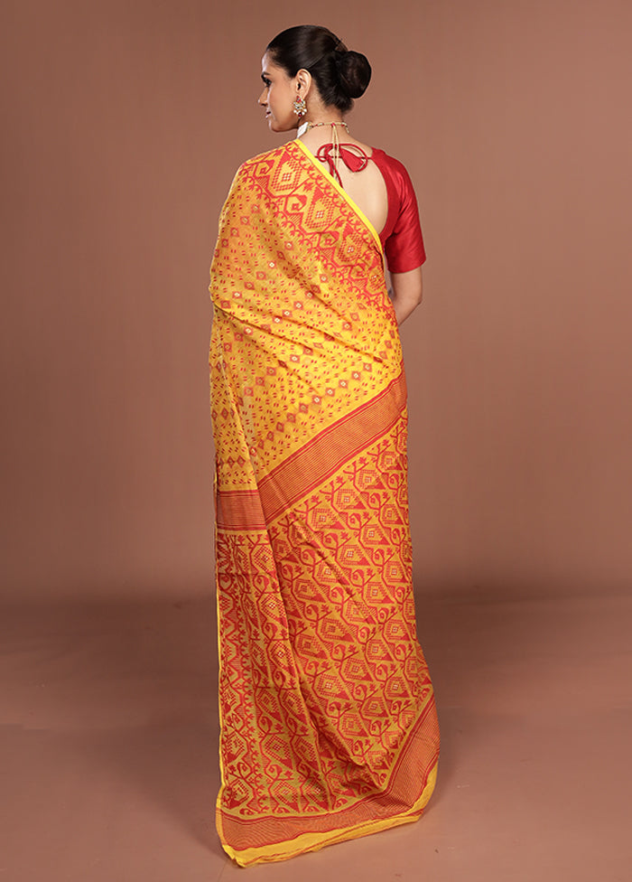 Yellow Jamdani Cotton Saree Without Blouse Piece