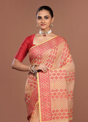 Cream Jamdani Cotton Saree Without Blouse Piece