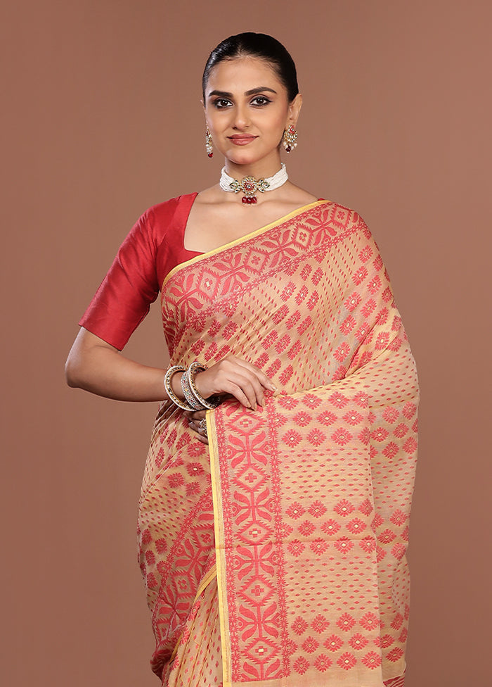 Cream Jamdani Cotton Saree Without Blouse Piece
