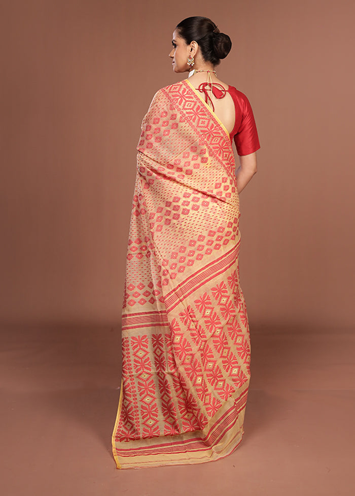 Cream Jamdani Cotton Saree Without Blouse Piece