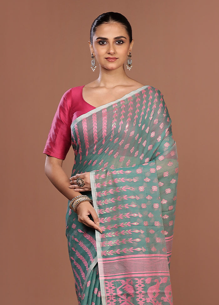 Blue Jamdani Cotton Saree Without Blouse Piece