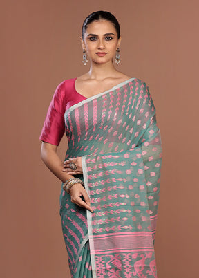 Blue Jamdani Cotton Saree Without Blouse Piece
