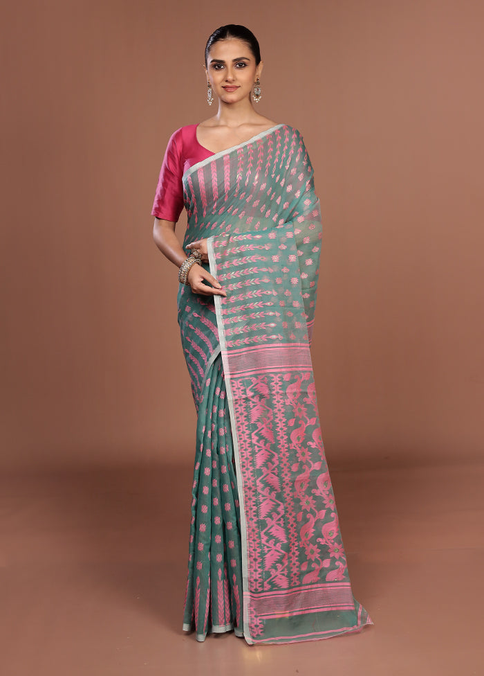 Blue Jamdani Cotton Saree Without Blouse Piece