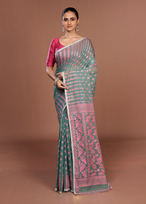 Blue Jamdani Cotton Saree Without Blouse Piece