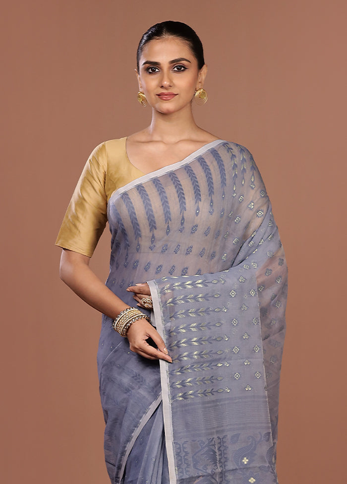 Grey Jamdani Cotton Saree Without Blouse Piece