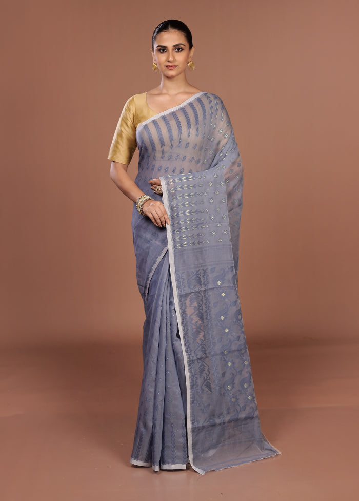 Grey Jamdani Cotton Saree Without Blouse Piece