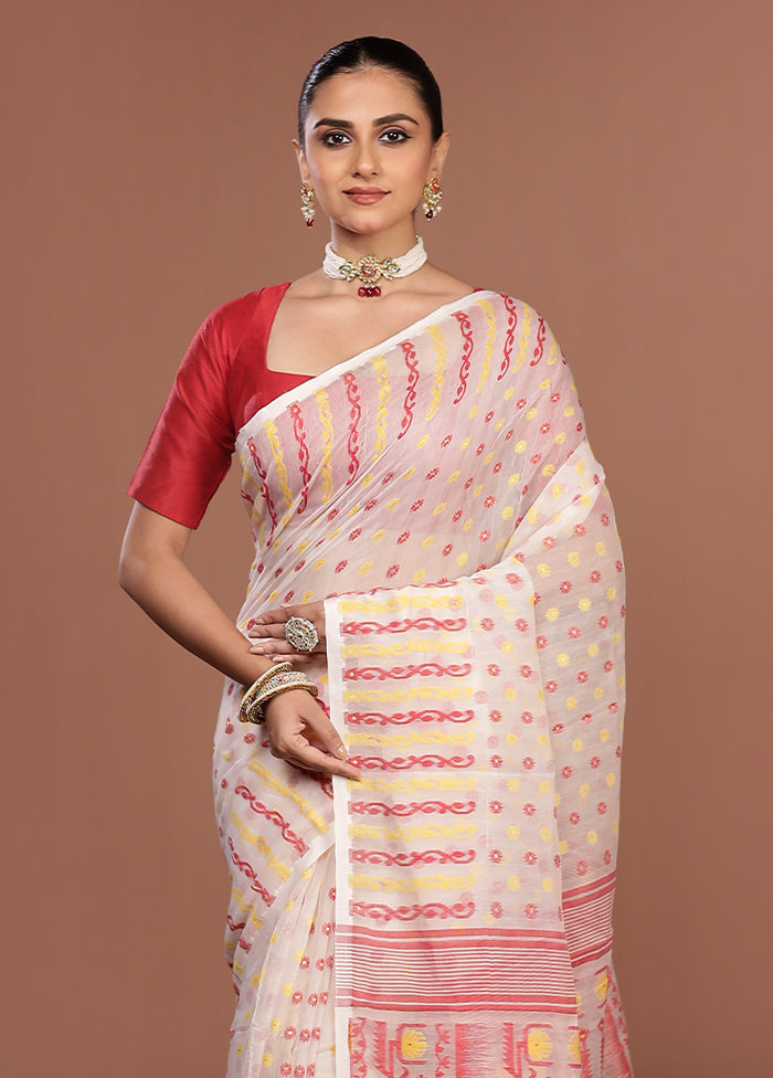 White Jamdani Cotton Saree Without Blouse Piece