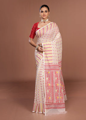 White Jamdani Cotton Saree Without Blouse Piece