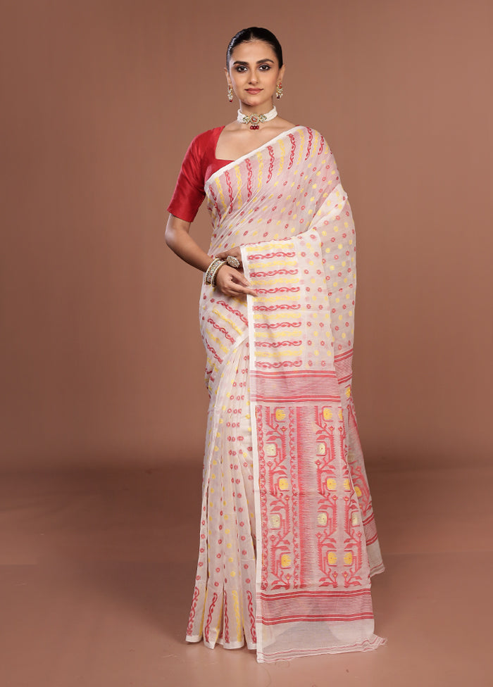 White Jamdani Cotton Saree Without Blouse Piece