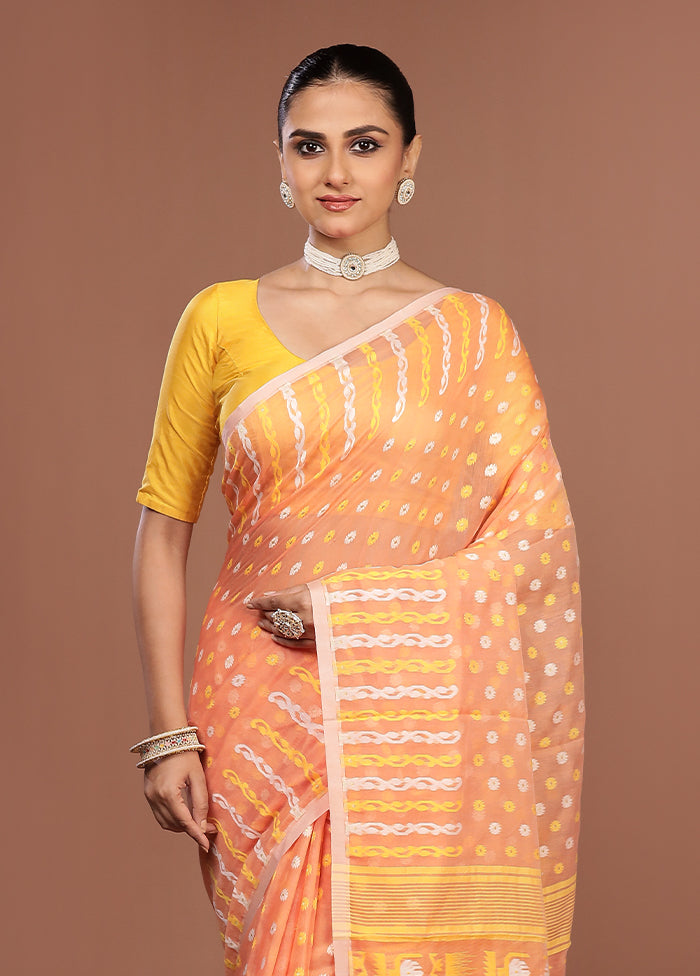 Peach Jamdani Cotton Saree Without Blouse Piece