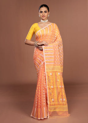 Peach Jamdani Cotton Saree Without Blouse Piece