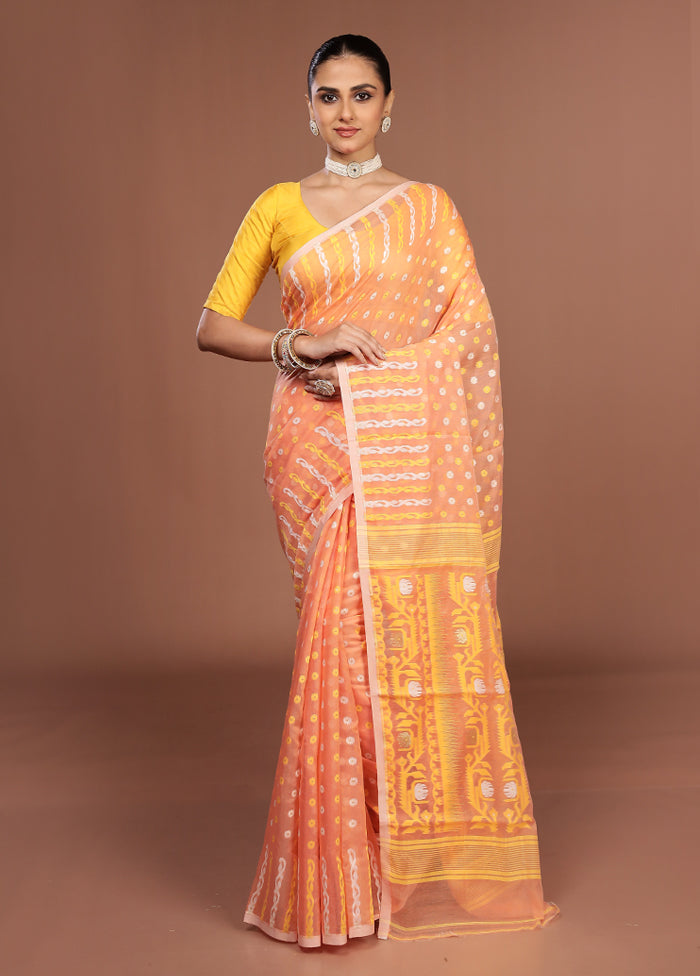 Peach Jamdani Cotton Saree Without Blouse Piece