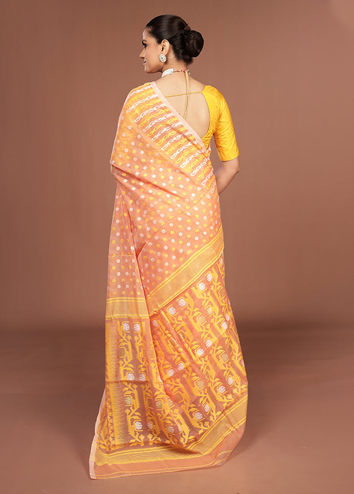 Peach Jamdani Cotton Saree Without Blouse Piece