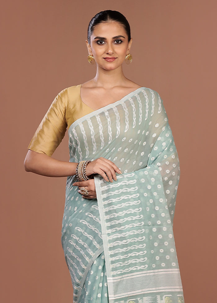 Blue Jamdani Cotton Saree Without Blouse Piece