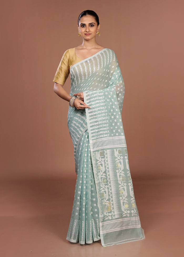 Blue Jamdani Cotton Saree Without Blouse Piece