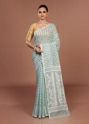 Blue Jamdani Cotton Saree Without Blouse Piece