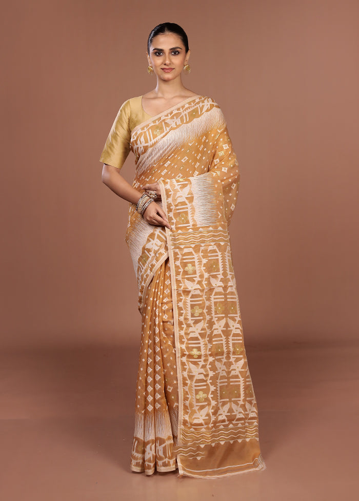 Cream Jamdani Cotton Saree Without Blouse Piece