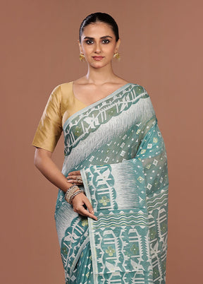 Blue Jamdani Cotton Saree Without Blouse Piece