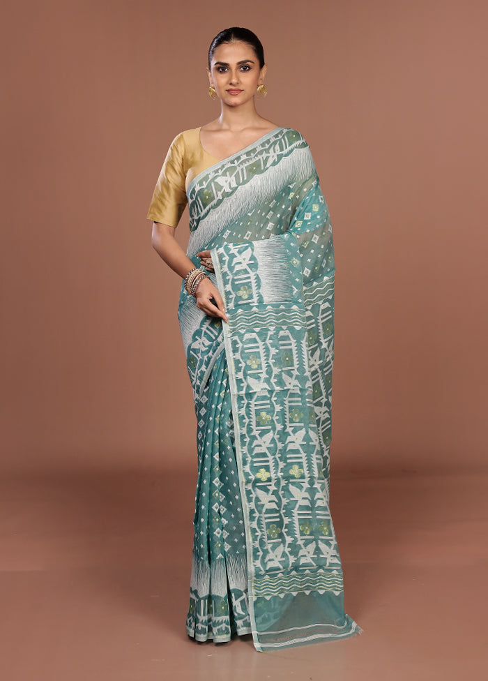 Blue Jamdani Cotton Saree Without Blouse Piece