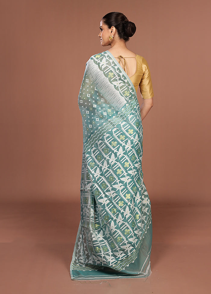 Blue Jamdani Cotton Saree Without Blouse Piece