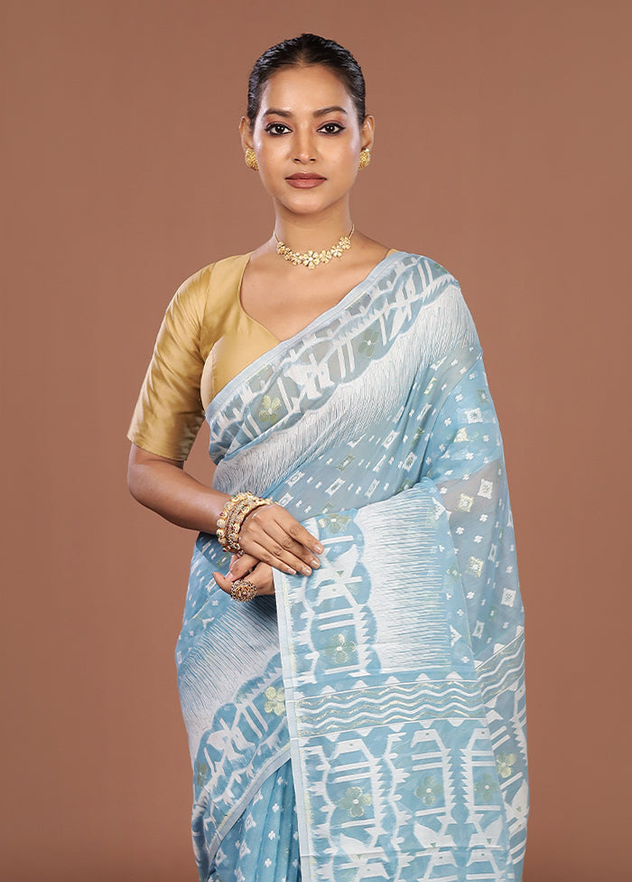 Blue Jamdani Cotton Saree Without Blouse Piece