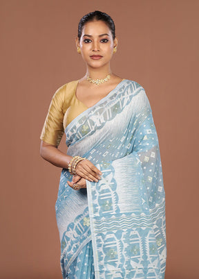 Blue Jamdani Cotton Saree Without Blouse Piece