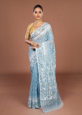 Blue Jamdani Cotton Saree Without Blouse Piece