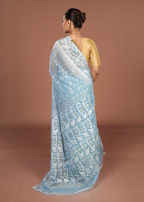 Blue Jamdani Cotton Saree Without Blouse Piece