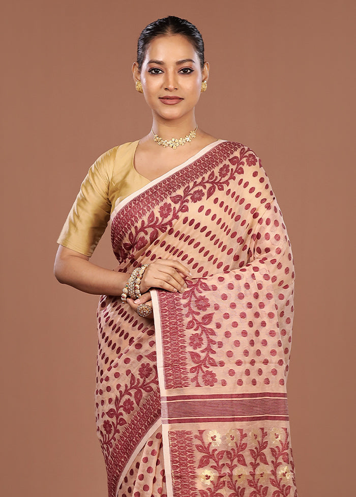 Cream Jamdani Cotton Saree Without Blouse Piece