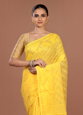 Yellow Jamdani Cotton Saree Without Blouse Piece