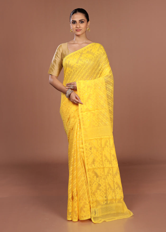 Yellow Jamdani Cotton Saree Without Blouse Piece