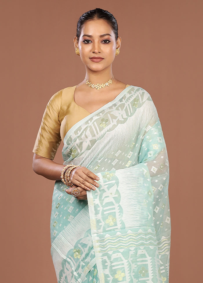 Blue Jamdani Cotton Saree Without Blouse Piece