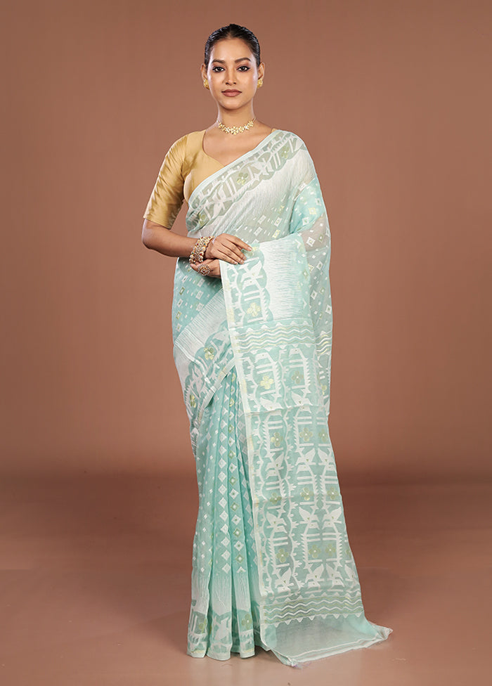 Blue Jamdani Cotton Saree Without Blouse Piece
