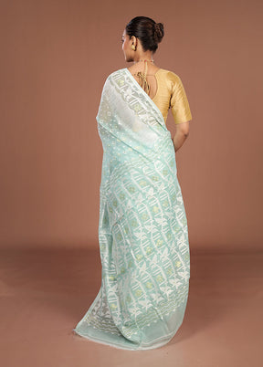 Blue Jamdani Cotton Saree Without Blouse Piece