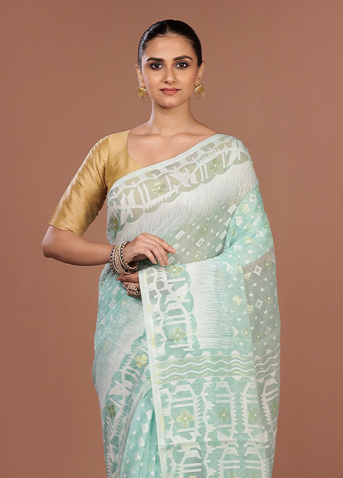 Blue Jamdani Cotton Saree Without Blouse Piece