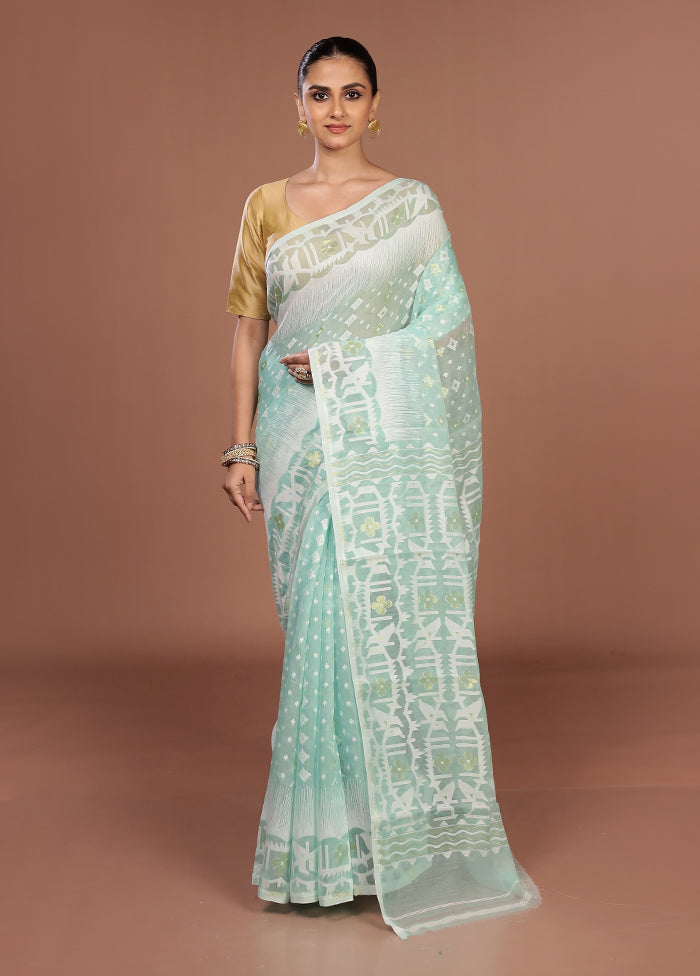 Blue Jamdani Cotton Saree Without Blouse Piece