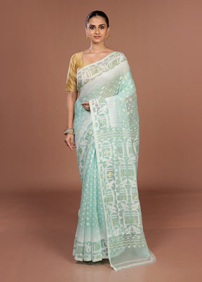 Blue Jamdani Cotton Saree Without Blouse Piece