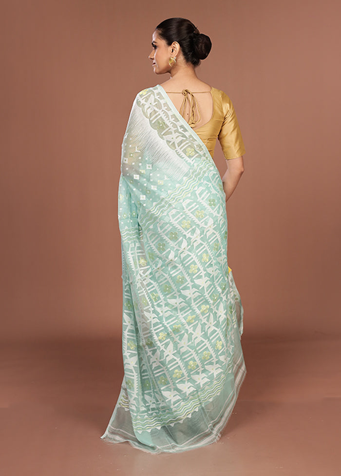 Blue Jamdani Cotton Saree Without Blouse Piece