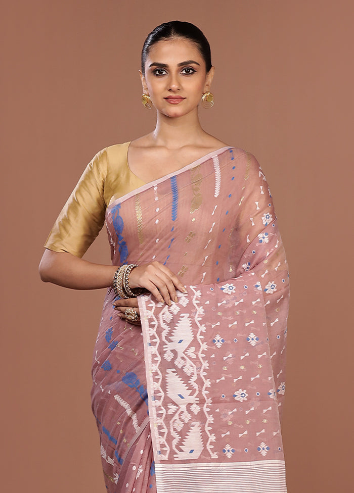 Pink Jamdani Cotton Saree Without Blouse Piece