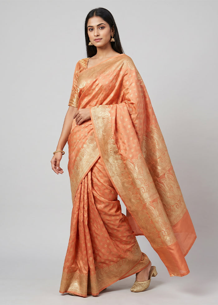 Peach Handloom Banarasi Pure Silk Saree With Blouse Piece