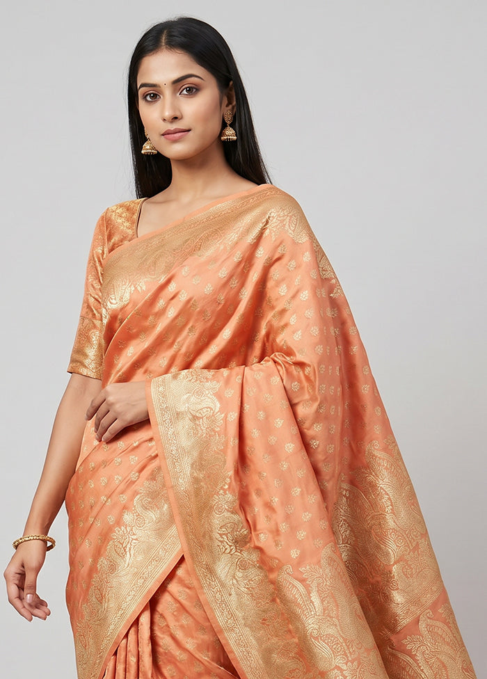 Peach Handloom Banarasi Pure Silk Saree With Blouse Piece