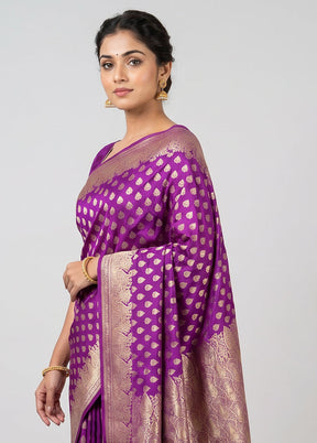 Purple Handloom Banarasi Pure Silk Saree With Blouse Piece