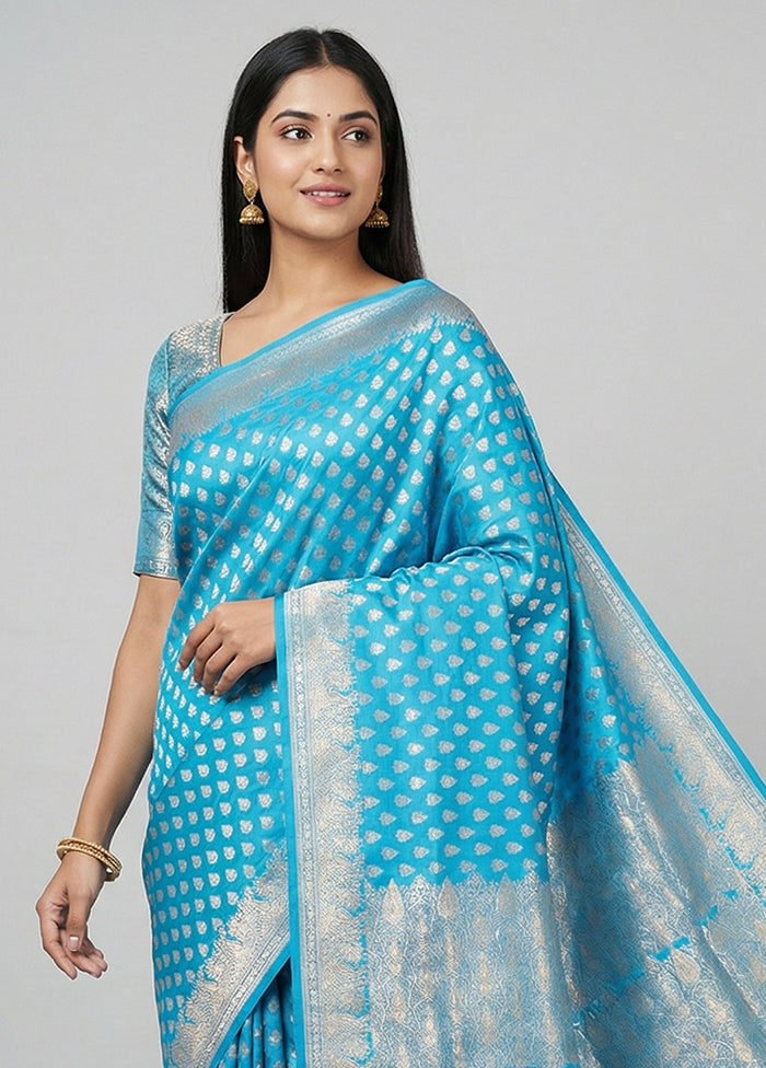 Blue Handloom Banarasi Pure Silk Saree With Blouse Piece